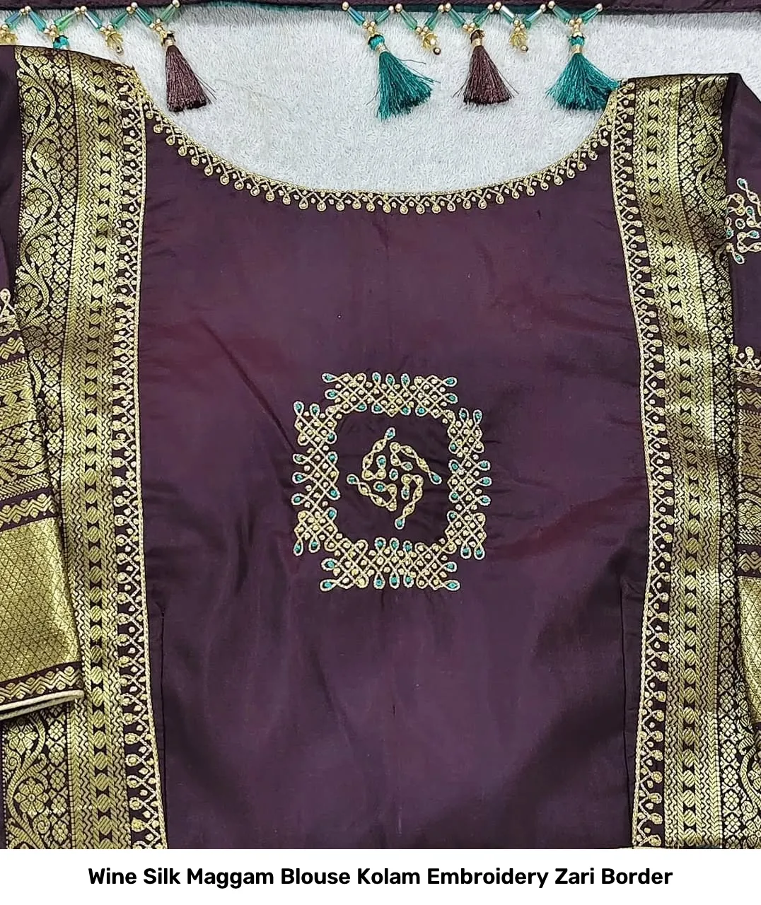 Wine Silk Maggam Blouse Kolam Embroidery Zari Border 3