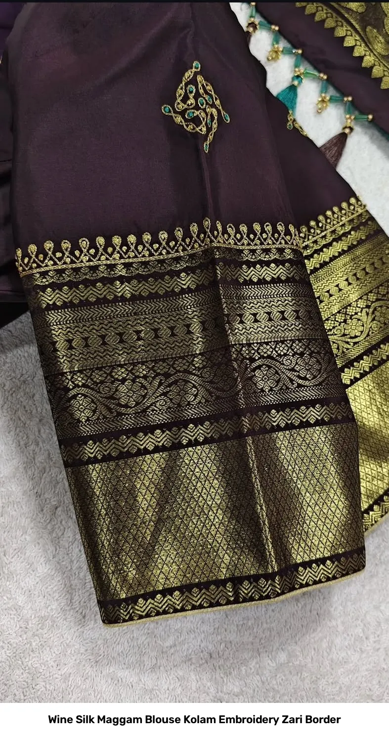 Wine Silk Maggam Blouse Kolam Embroidery Zari Border 4