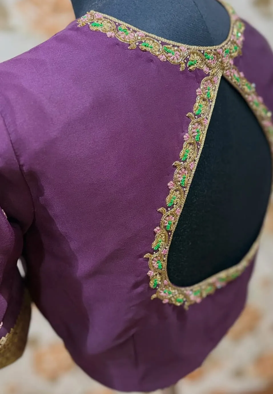 Wine Silk Maggam Work Blouse | Cut-Out Back Neck