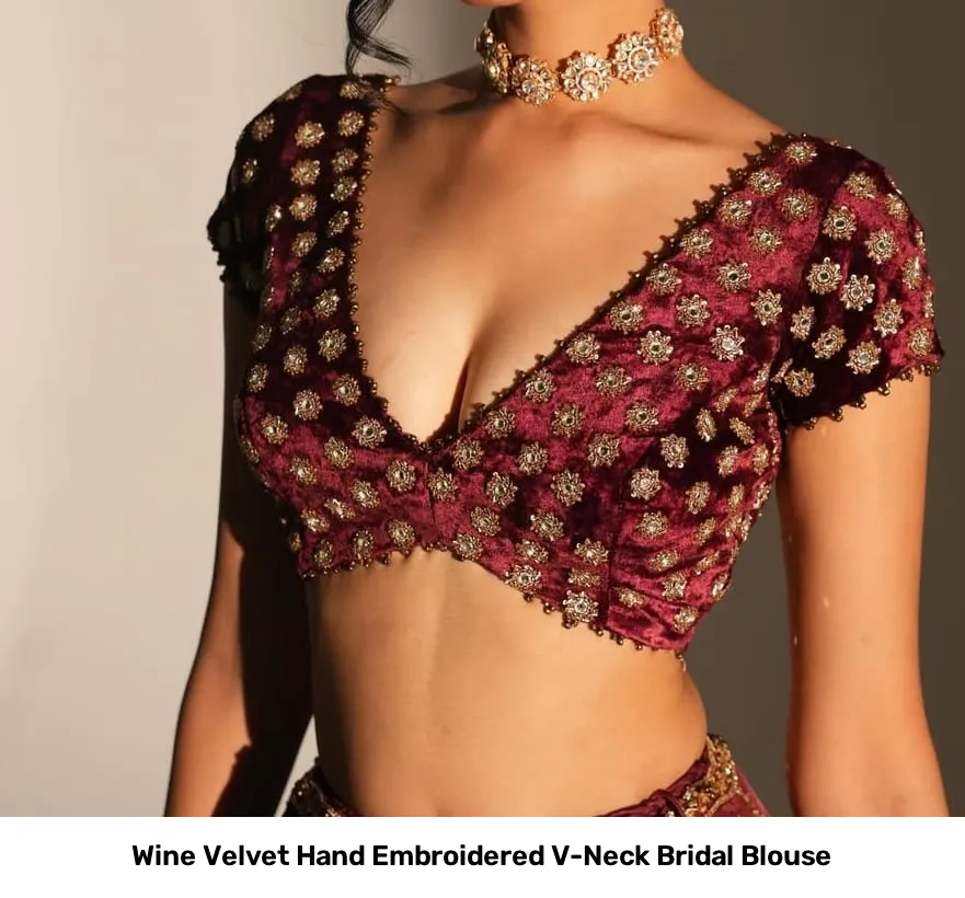 Wine Velvet Hand Embroidered V-Neck Bridal Blouse 2