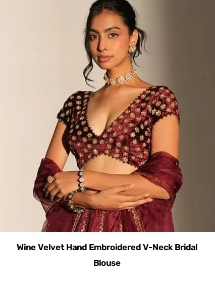 Wine Velvet Hand Embroidered V-Neck Bridal Blouse 3