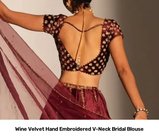 Wine Velvet Hand Embroidered V-Neck Bridal Blouse 4