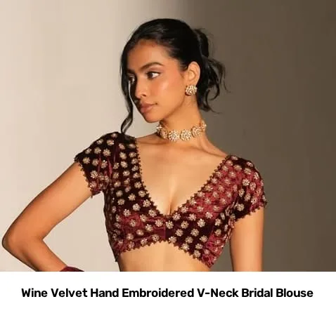 Wine Velvet Hand Embroidered V-Neck Bridal Blouse 5
