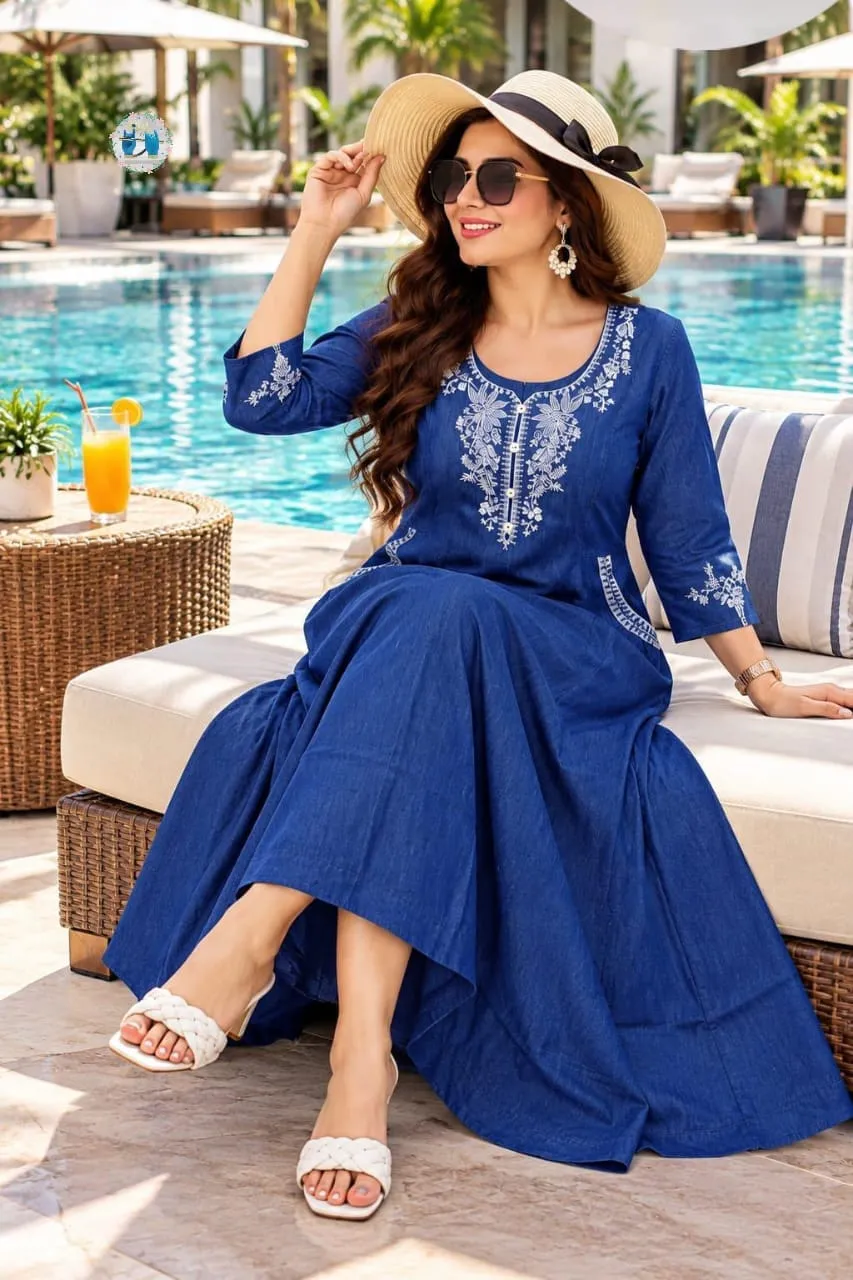 Women Blue Embroidered Denim A-Line Midi Dress with Pockets | Casual Flared Jean Kurti Frock