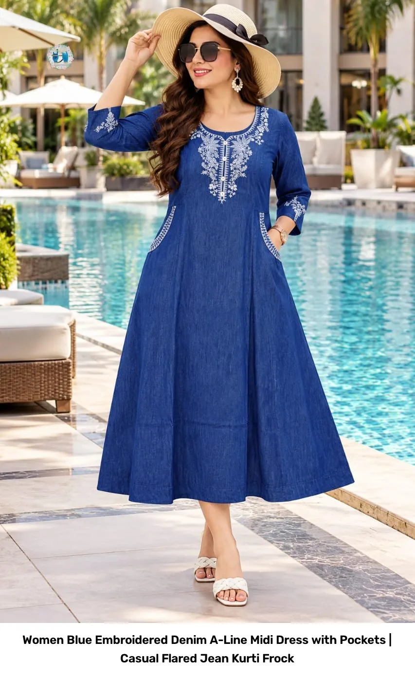 Women Blue Embroidered Denim A-Line Midi Dress with Pockets | Casual Flared Jean Kurti Frock 2