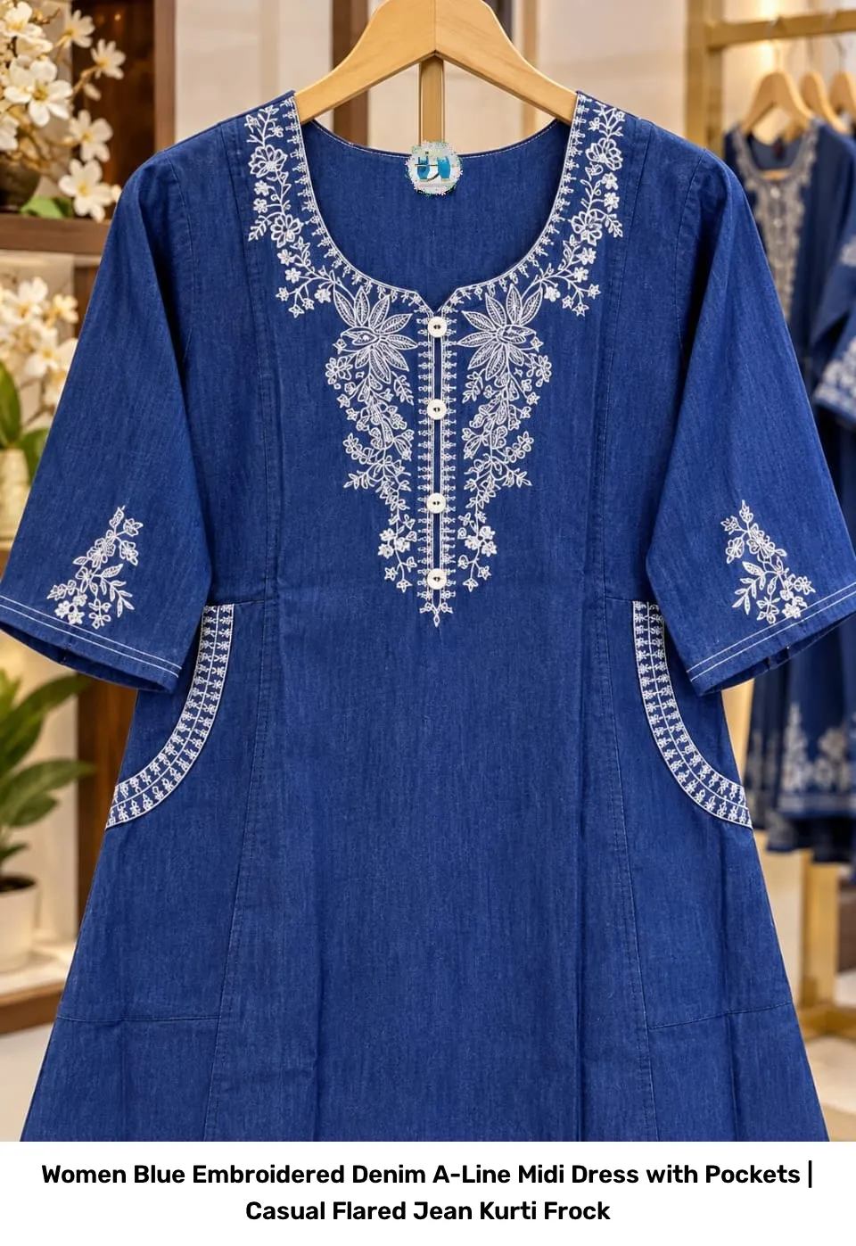 Women Blue Embroidered Denim A-Line Midi Dress with Pockets | Casual Flared Jean Kurti Frock 3