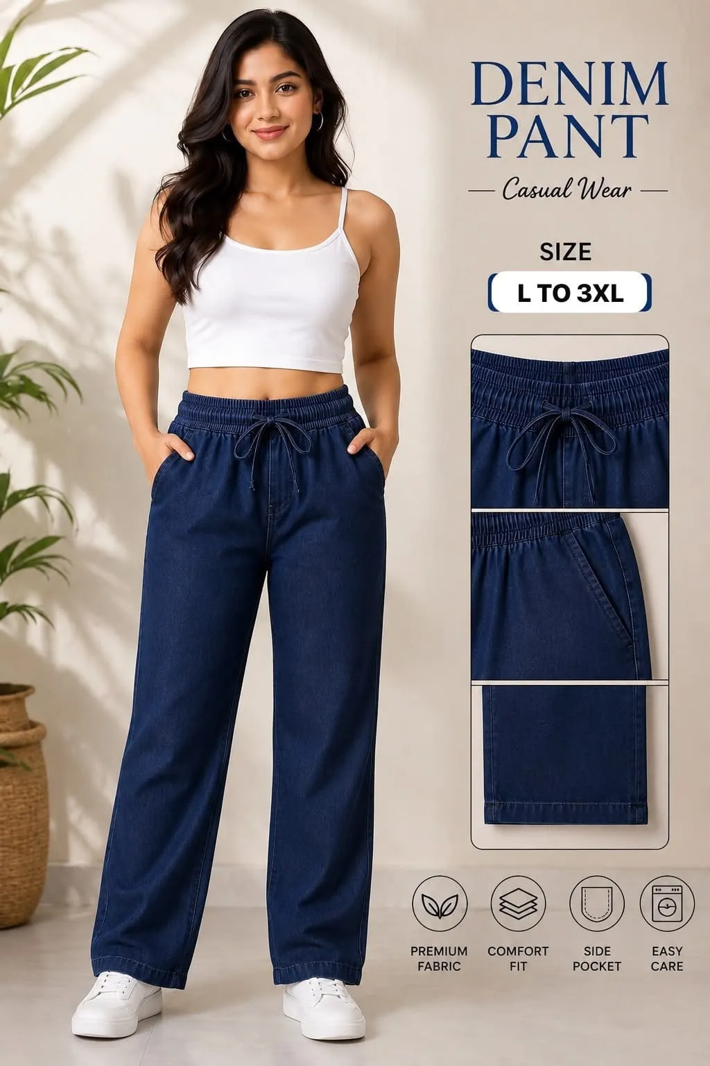 Women Elastic Waist Denim Plazo Pants with Pockets (L to 3XL)