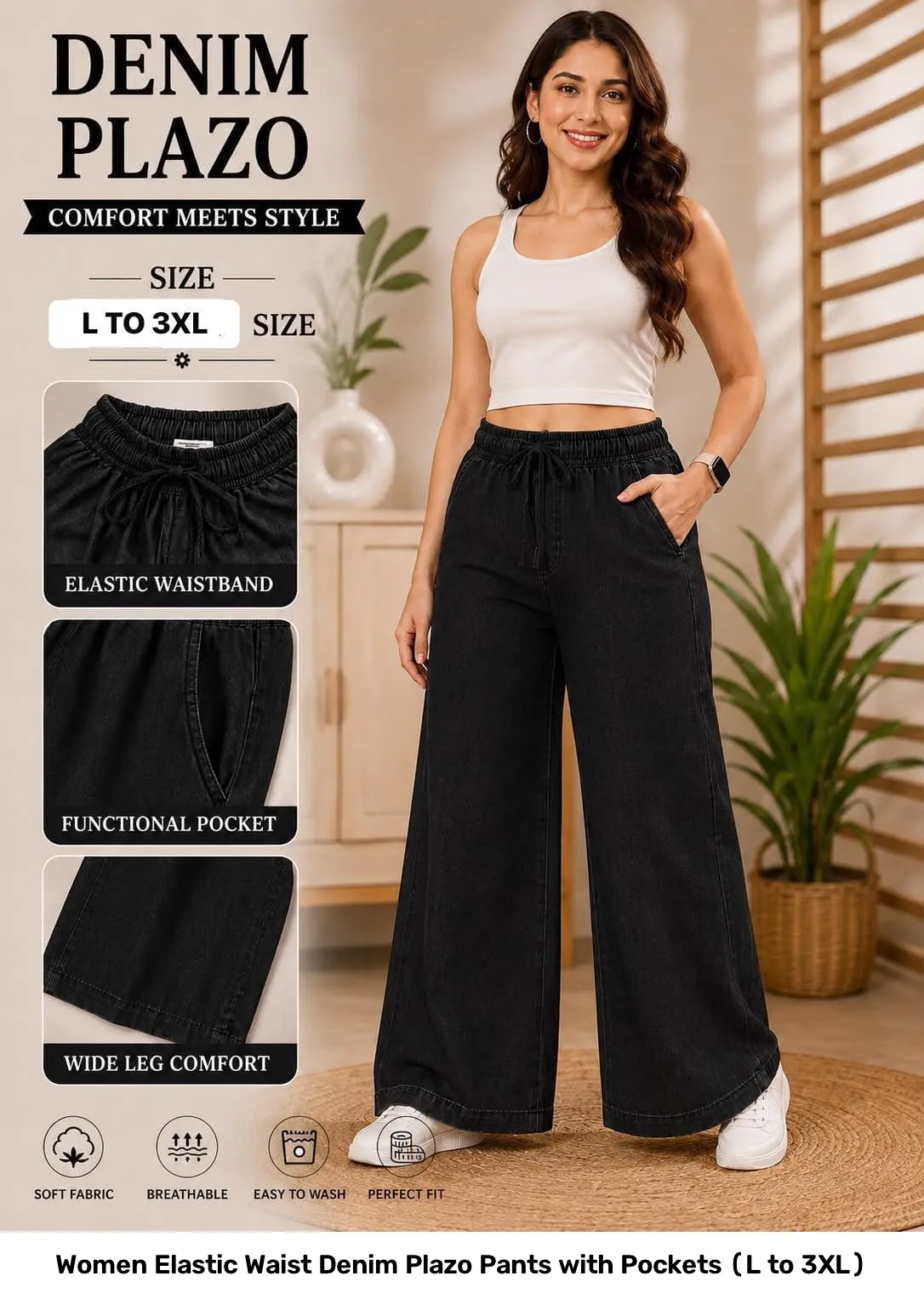 Women Elastic Waist Denim Plazo Pants with Pockets (L to 3XL) 4
