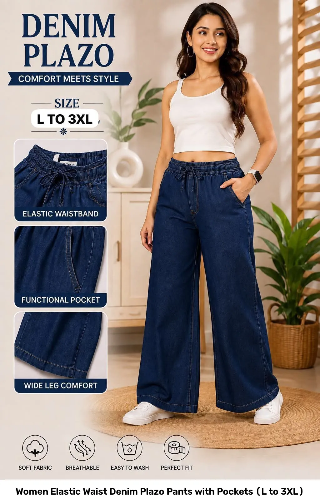 Women Elastic Waist Denim Plazo Pants with Pockets (L to 3XL) 7
