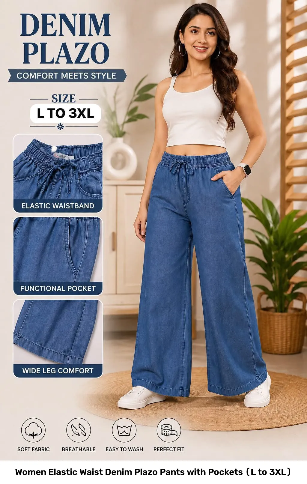 Women Elastic Waist Denim Plazo Pants with Pockets (L to 3XL) 8