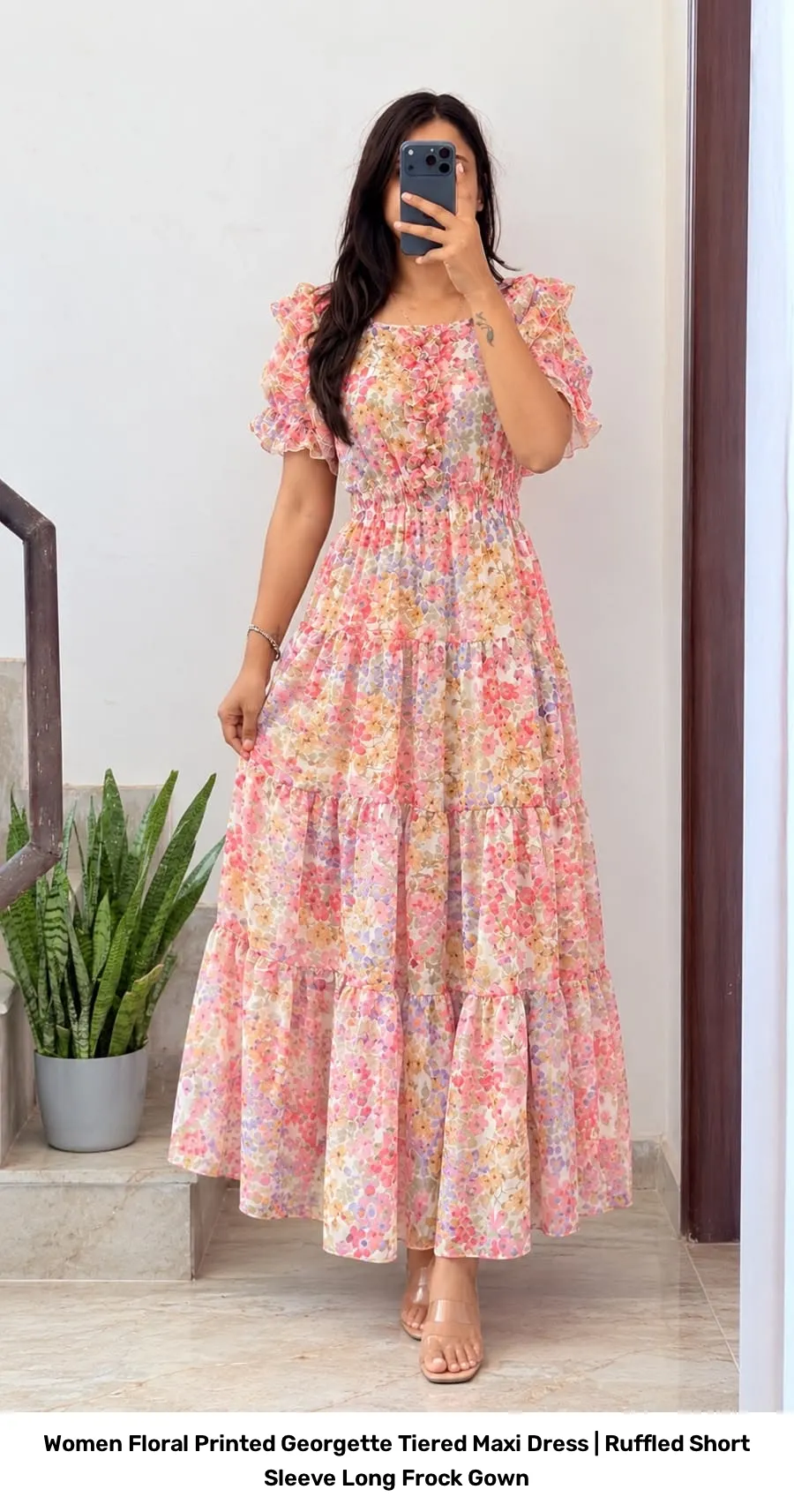 Women Floral Printed Georgette Tiered Maxi Dress | Ruffled Short Sleeve Long Frock Gown 10