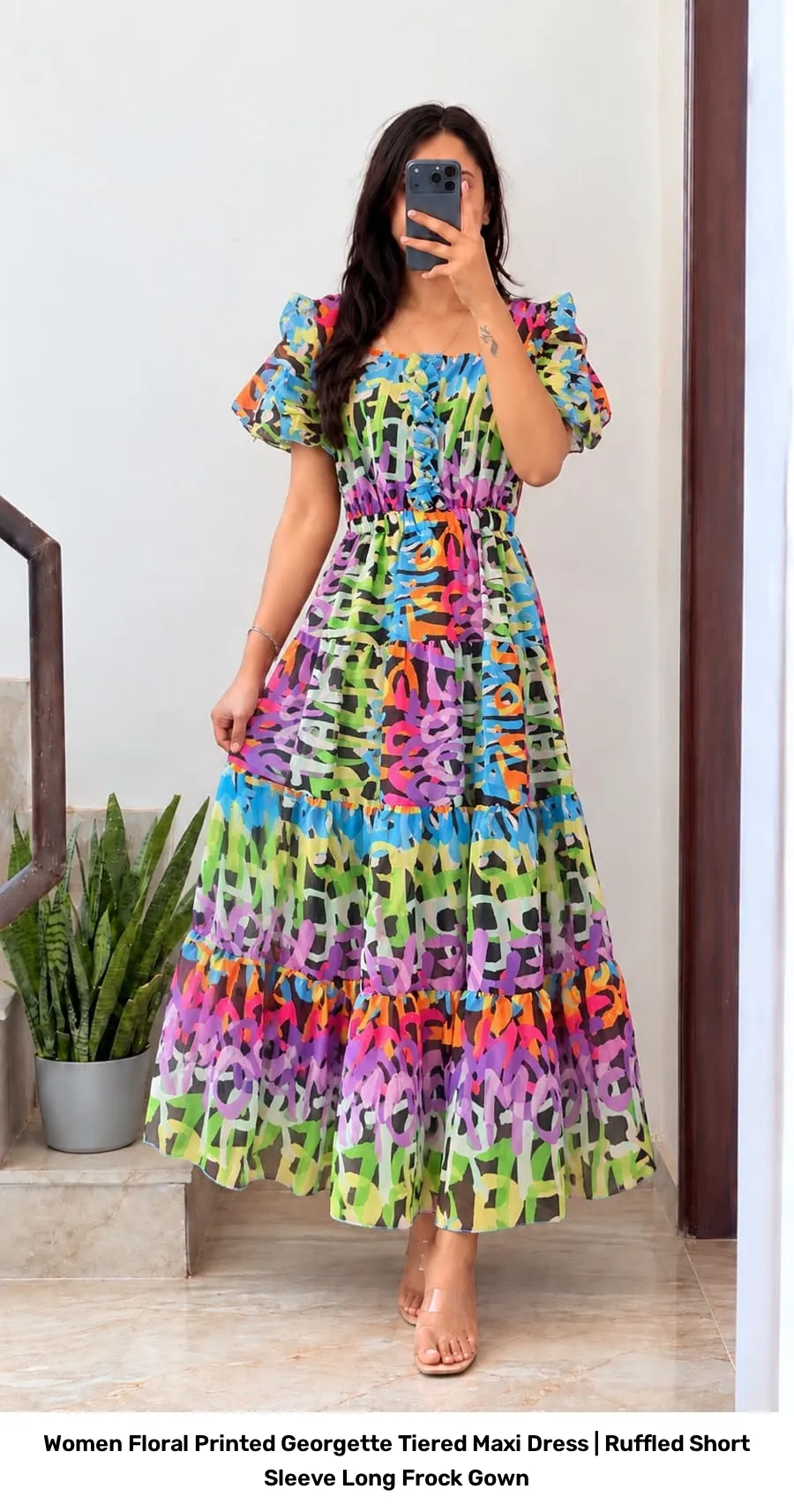 Women Floral Printed Georgette Tiered Maxi Dress | Ruffled Short Sleeve Long Frock Gown 11