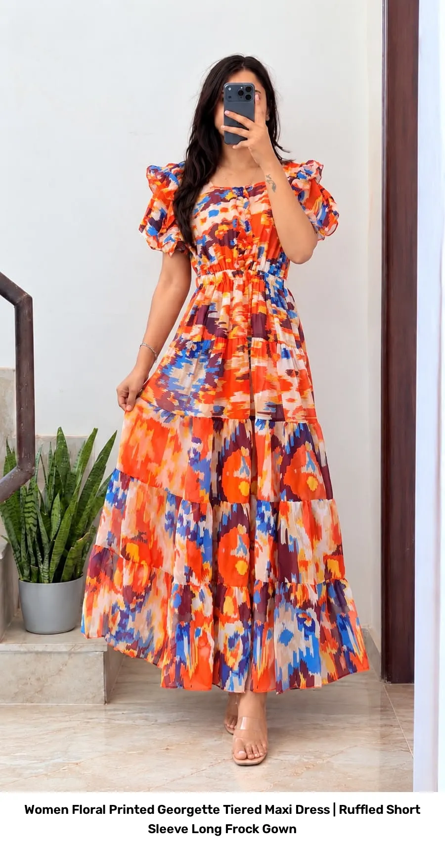 Women Floral Printed Georgette Tiered Maxi Dress | Ruffled Short Sleeve Long Frock Gown 2