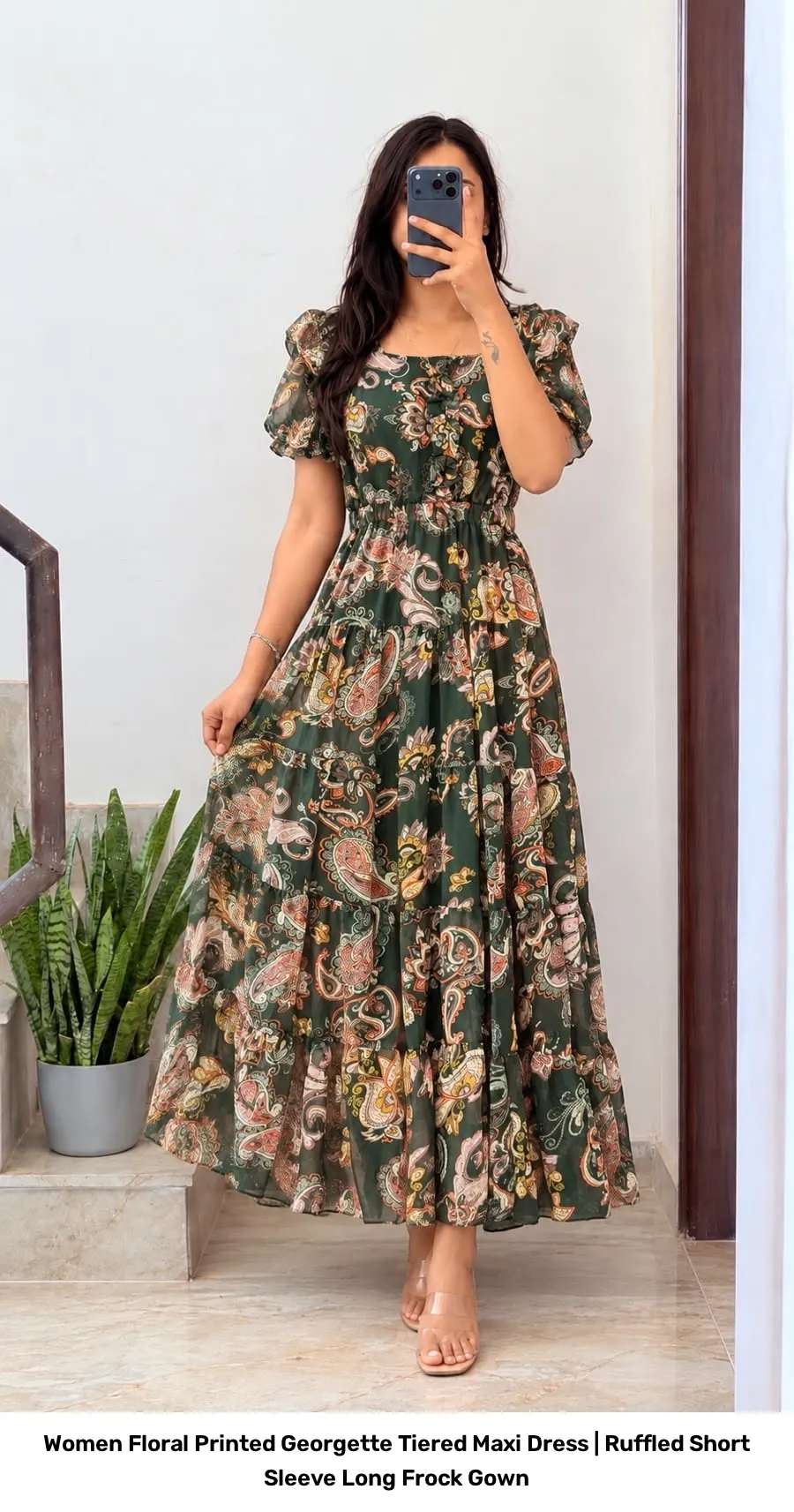 Women Floral Printed Georgette Tiered Maxi Dress | Ruffled Short Sleeve Long Frock Gown 4