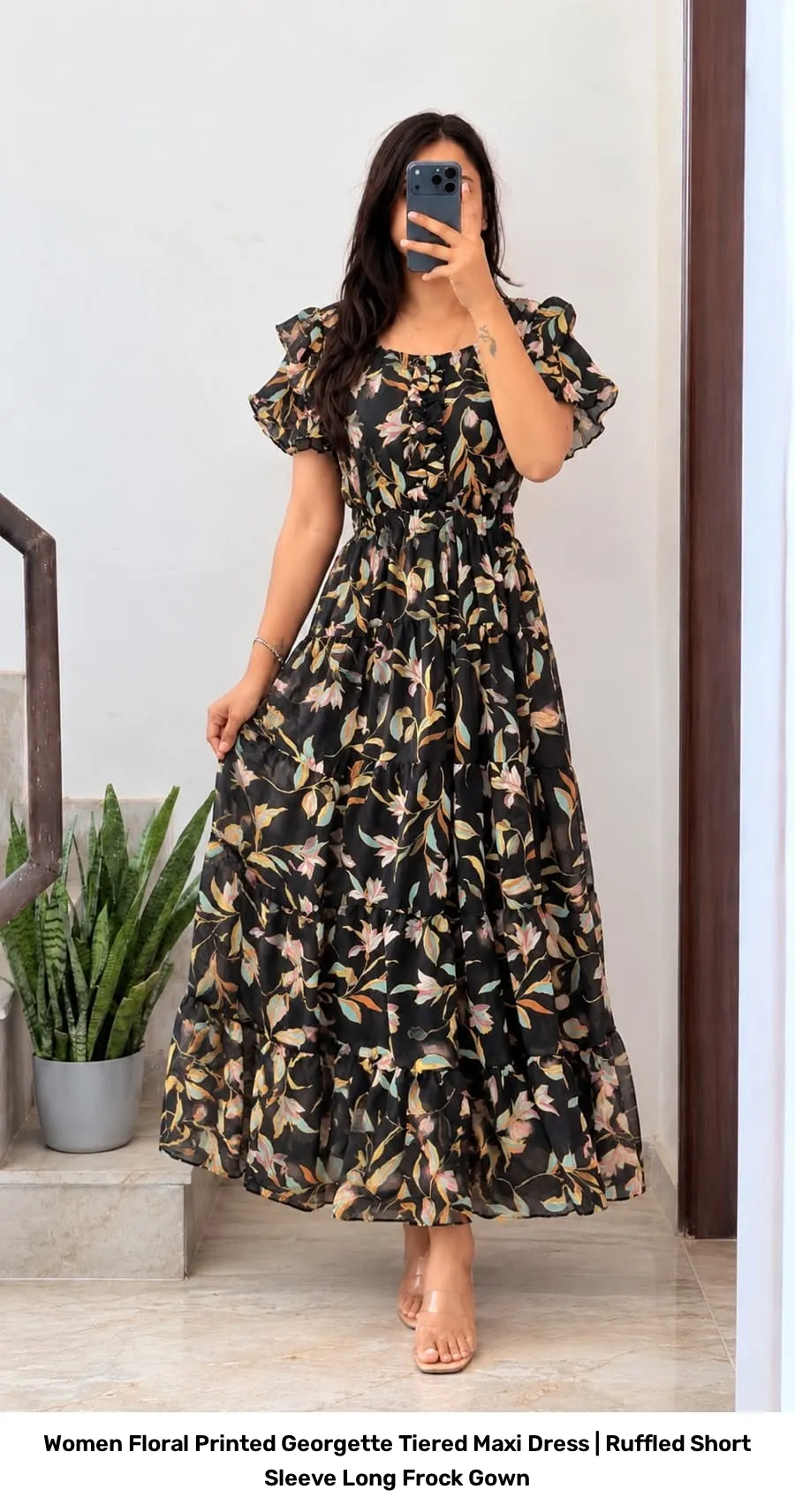 Women Floral Printed Georgette Tiered Maxi Dress | Ruffled Short Sleeve Long Frock Gown 5