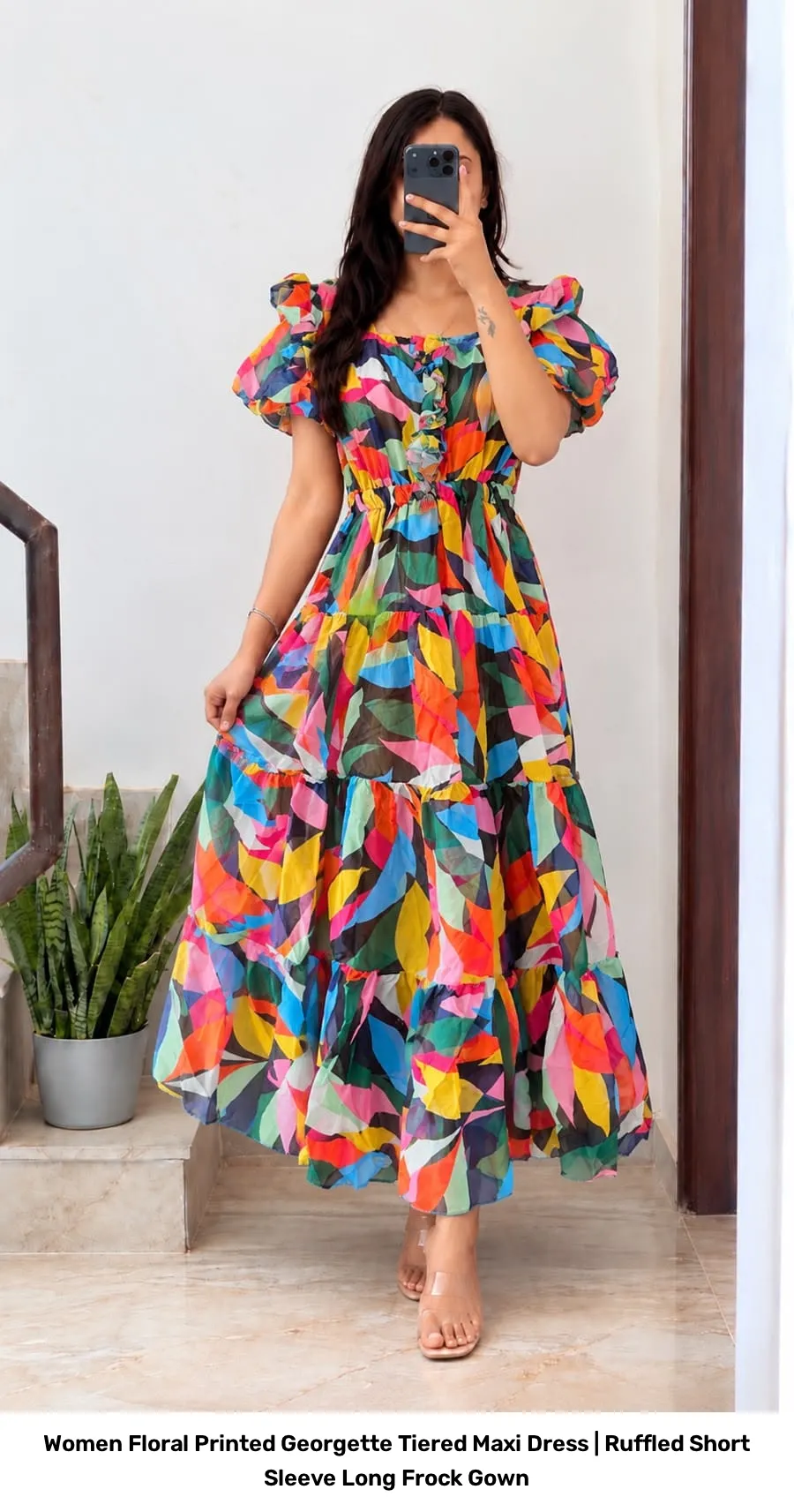 Women Floral Printed Georgette Tiered Maxi Dress | Ruffled Short Sleeve Long Frock Gown 6