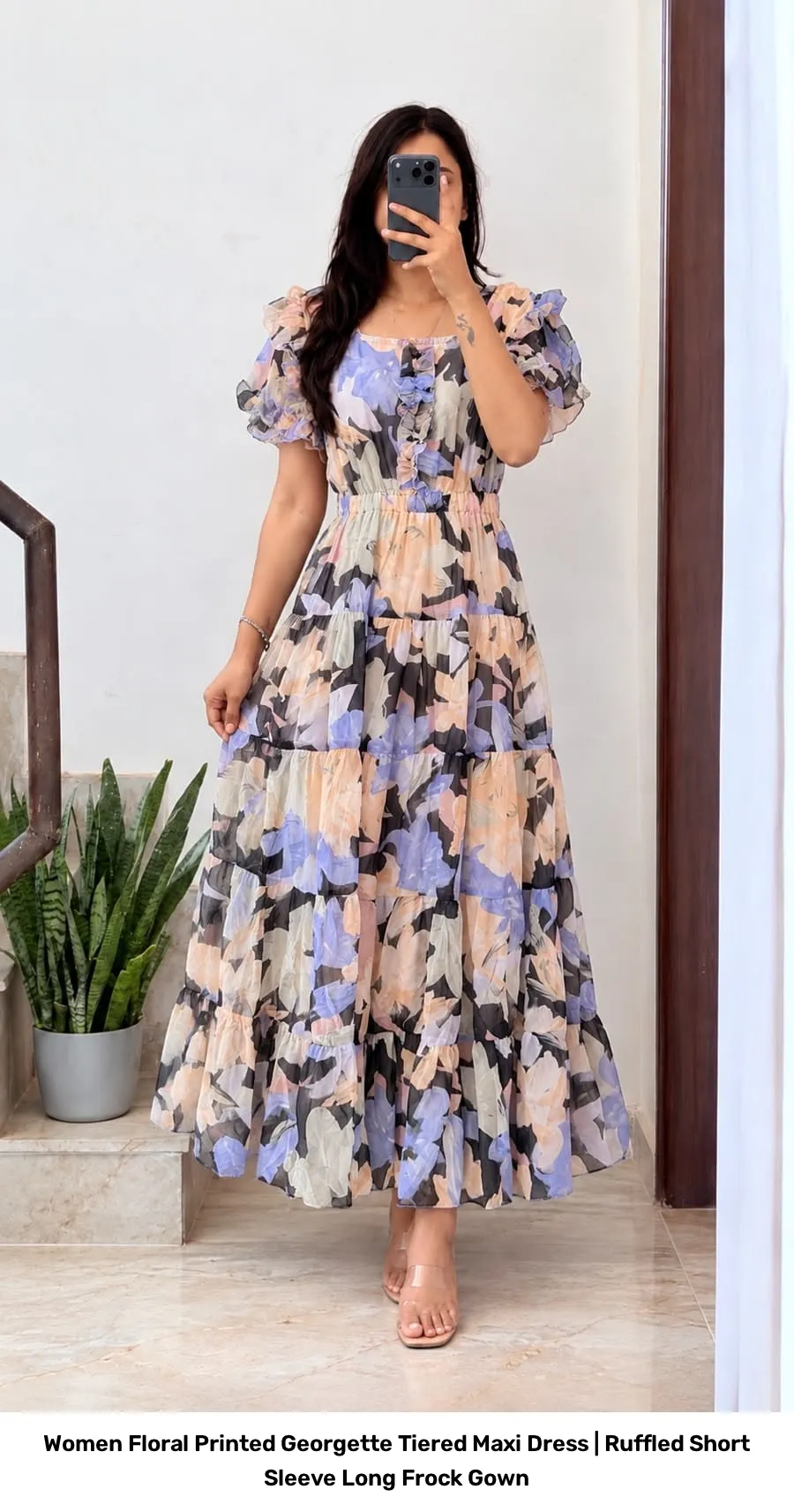 Women Floral Printed Georgette Tiered Maxi Dress | Ruffled Short Sleeve Long Frock Gown 7