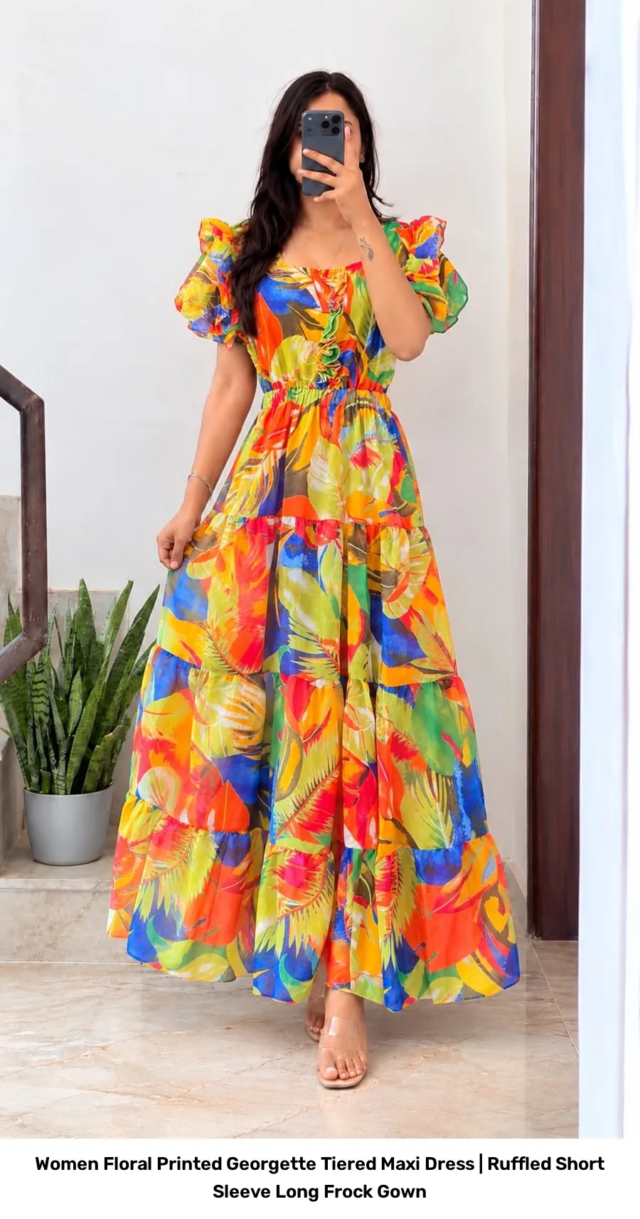 Women Floral Printed Georgette Tiered Maxi Dress | Ruffled Short Sleeve Long Frock Gown 8