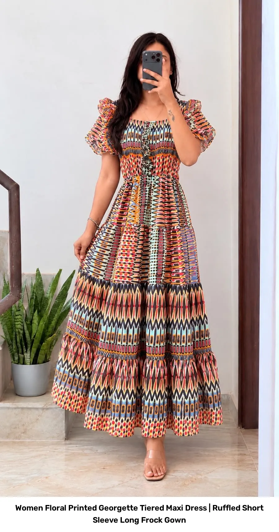 Women Floral Printed Georgette Tiered Maxi Dress | Ruffled Short Sleeve Long Frock Gown 9