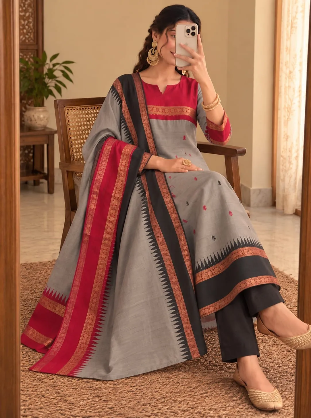 Women Kanchi Cotton Kurti Dupatta Set V-Neck Ethnic Suit