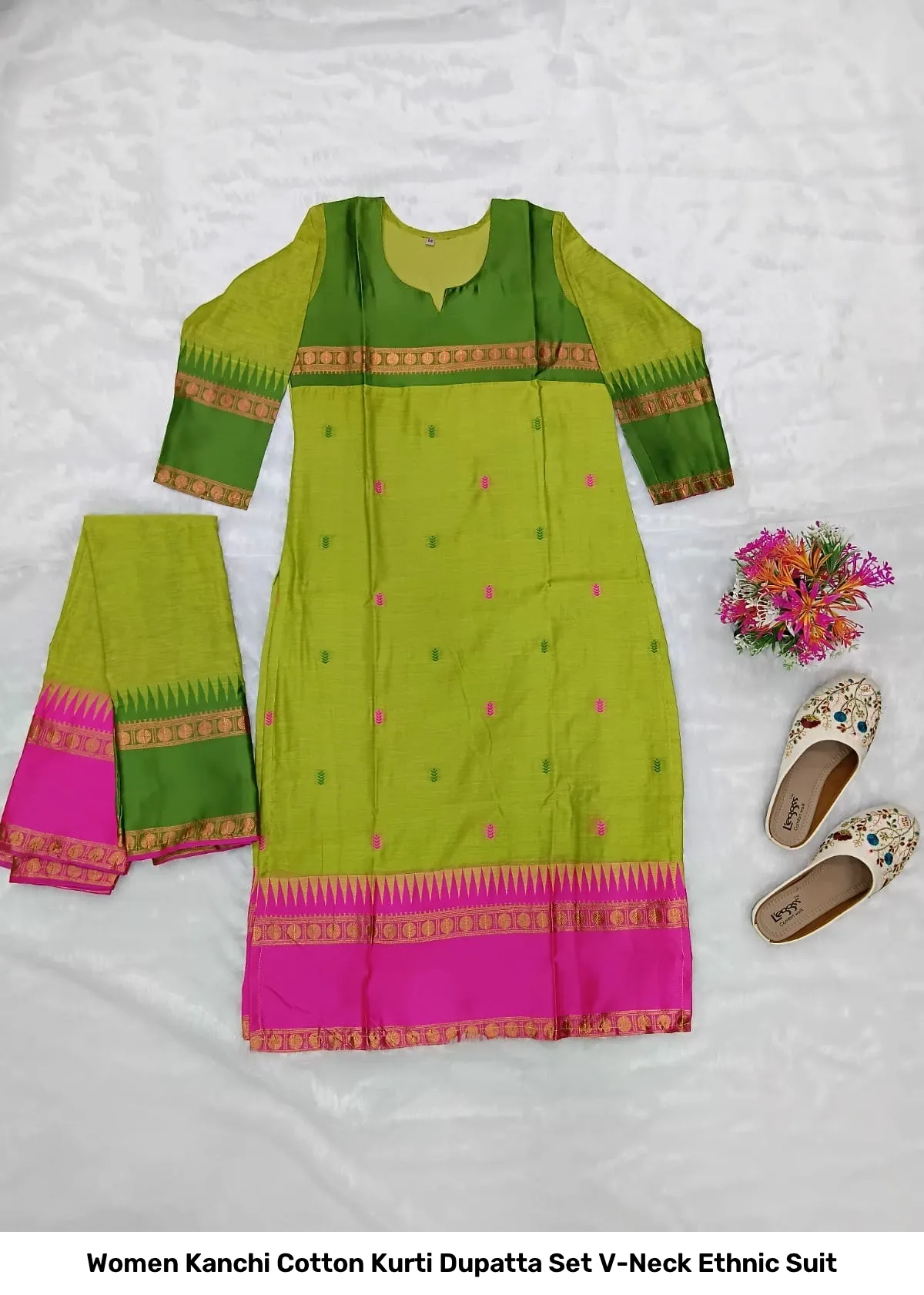 Women Kanchi Cotton Kurti Dupatta Set V-Neck Ethnic Suit 10