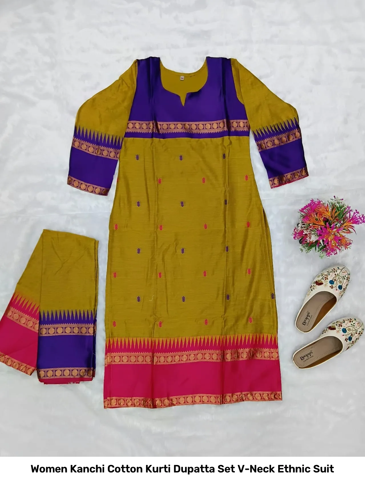 Women Kanchi Cotton Kurti Dupatta Set V-Neck Ethnic Suit 11
