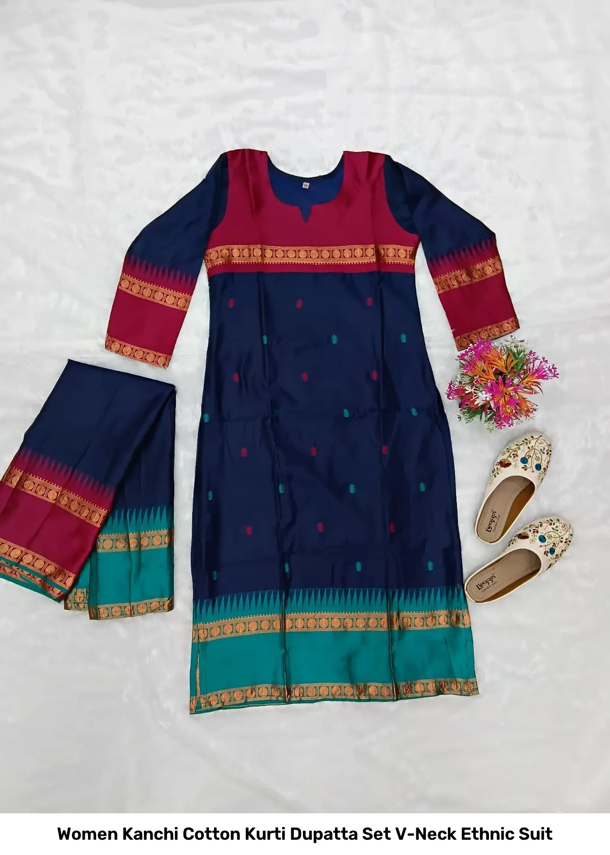 Women Kanchi Cotton Kurti Dupatta Set V-Neck Ethnic Suit 2