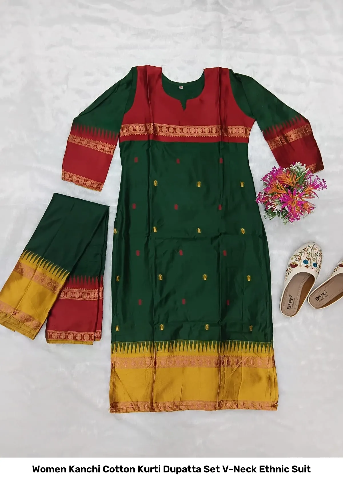 Women Kanchi Cotton Kurti Dupatta Set V-Neck Ethnic Suit 3