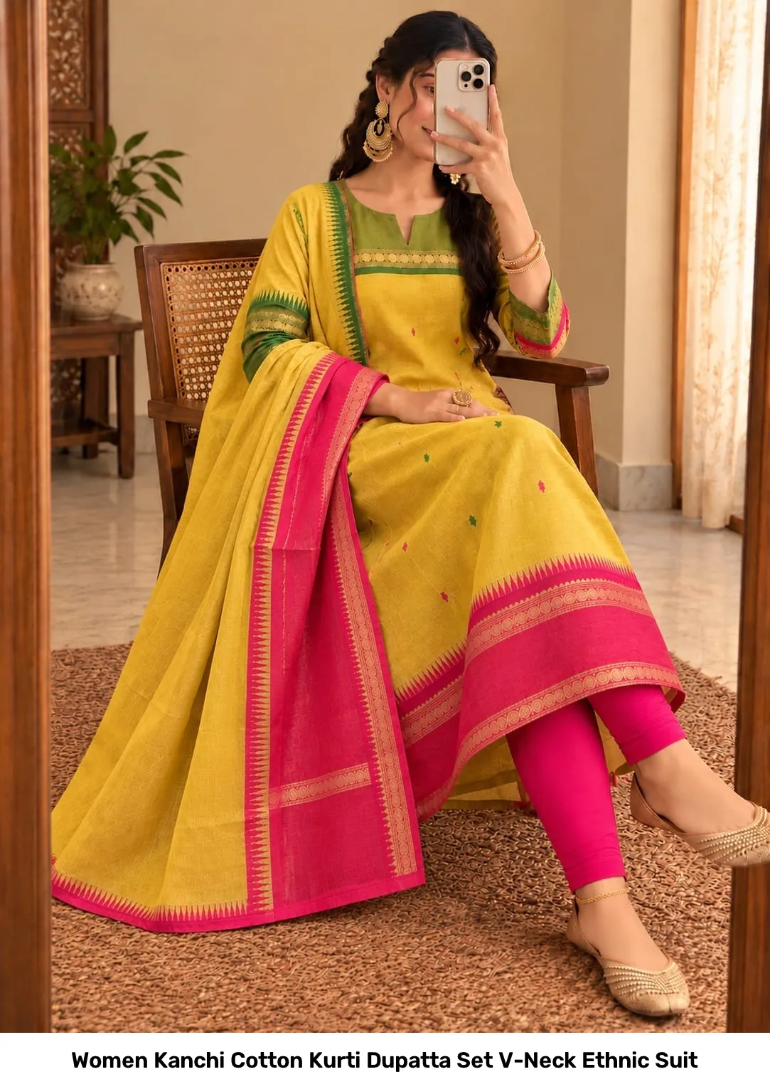 Women Kanchi Cotton Kurti Dupatta Set V-Neck Ethnic Suit 4