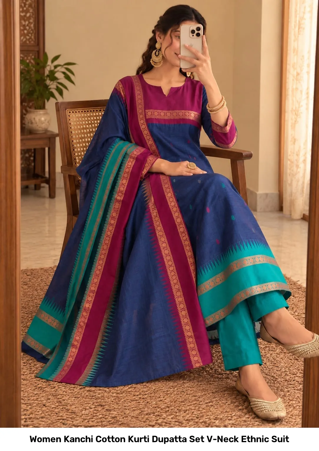 Women Kanchi Cotton Kurti Dupatta Set V-Neck Ethnic Suit 5