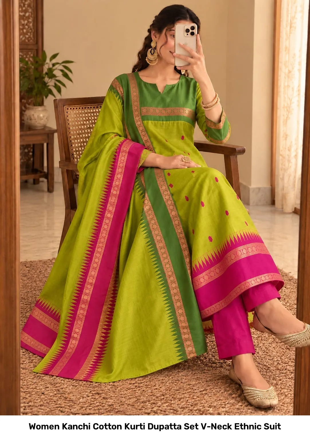 Women Kanchi Cotton Kurti Dupatta Set V-Neck Ethnic Suit 6
