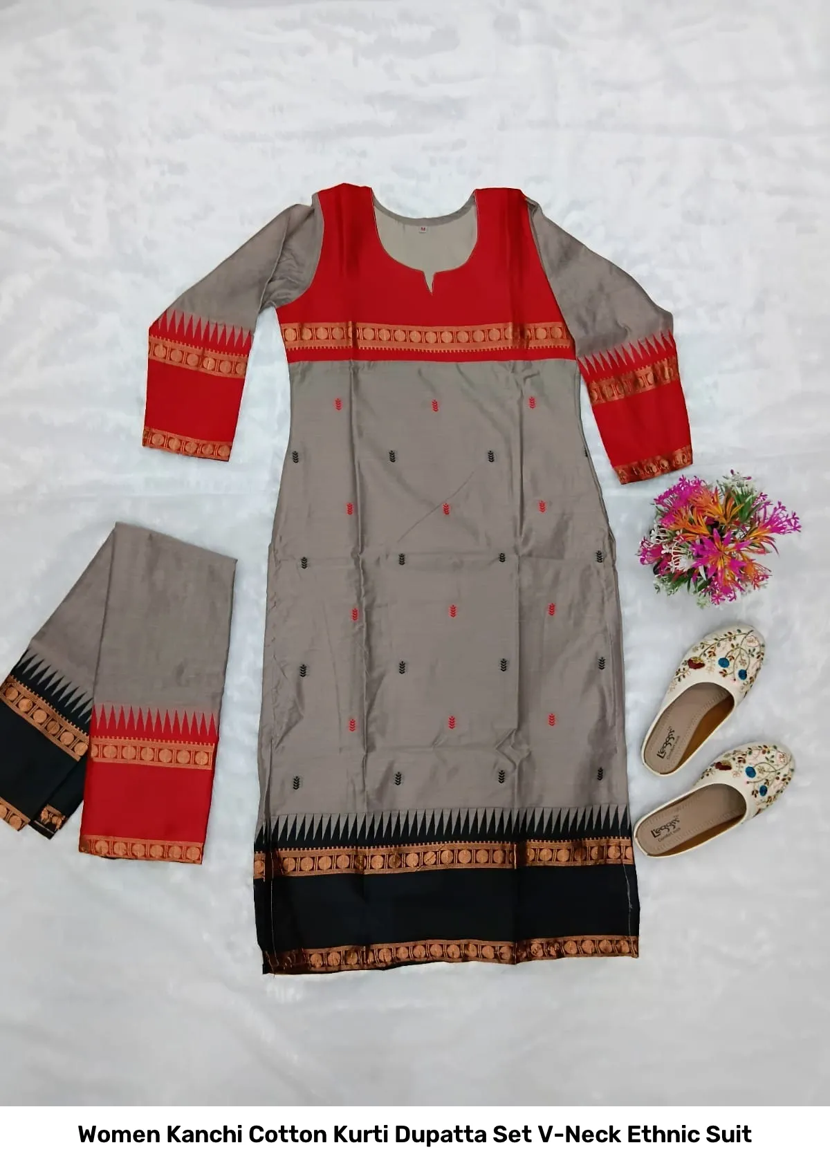 Women Kanchi Cotton Kurti Dupatta Set V-Neck Ethnic Suit 7
