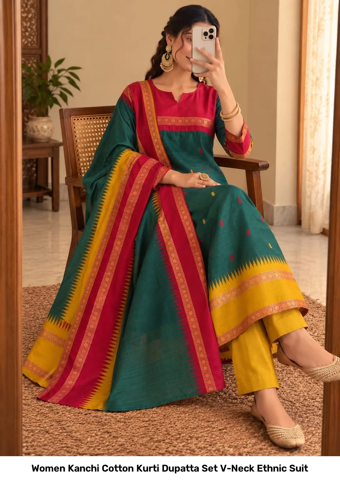 Women Kanchi Cotton Kurti Dupatta Set V-Neck Ethnic Suit 8