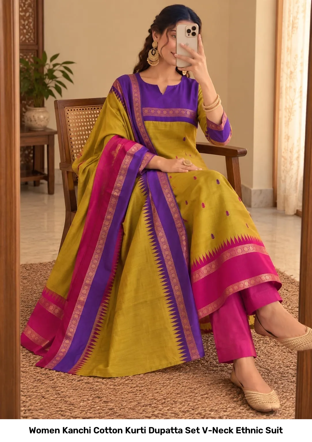 Women Kanchi Cotton Kurti Dupatta Set V-Neck Ethnic Suit 9