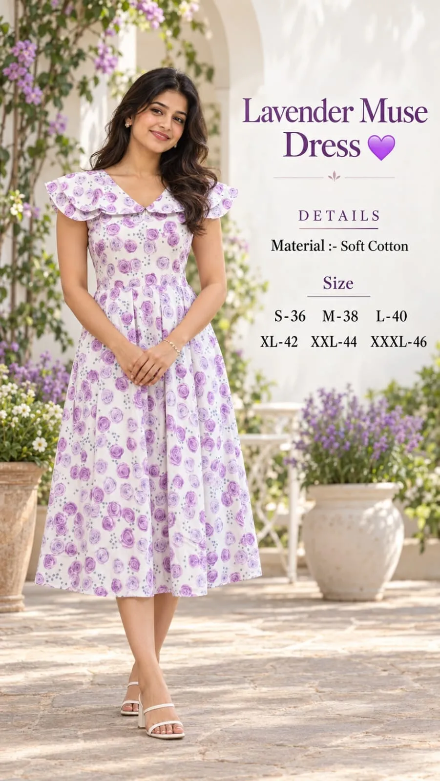 Women Lavender Floral Print Cotton Midi Dress with Ruffle Collar