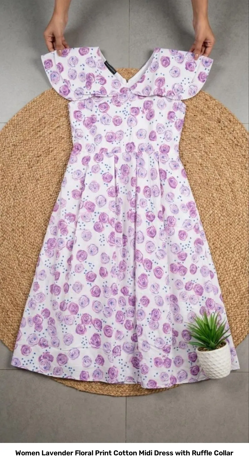 Women Lavender Floral Print Cotton Midi Dress with Ruffle Collar 2