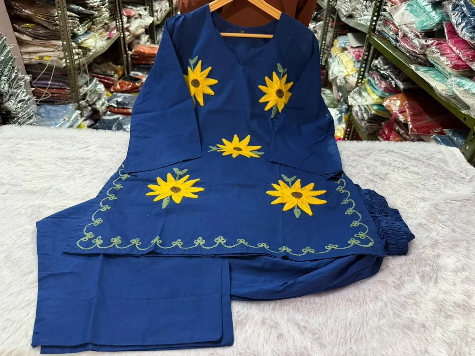 Women Pure 60x60 Cotton Sunflower Embroidered Kurta Set with Flared Farshi Salwar