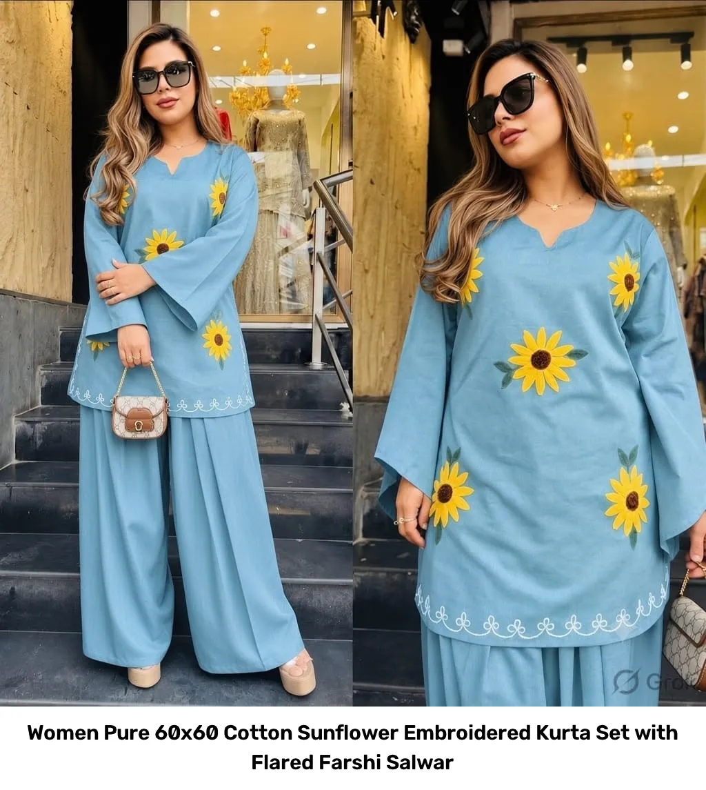 Women Pure 60x60 Cotton Sunflower Embroidered Kurta Set with Flared Farshi Salwar 10
