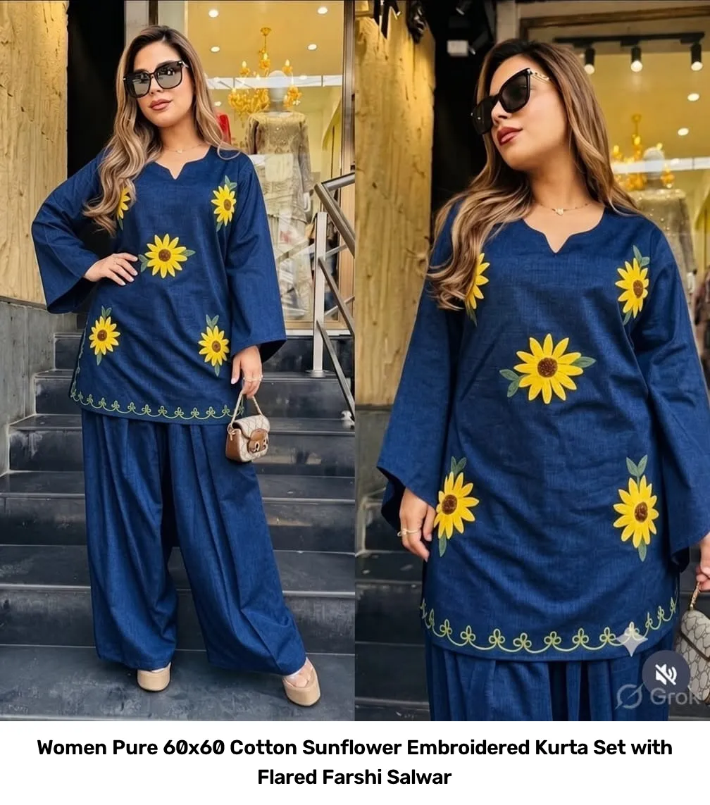 Women Pure 60x60 Cotton Sunflower Embroidered Kurta Set with Flared Farshi Salwar 11