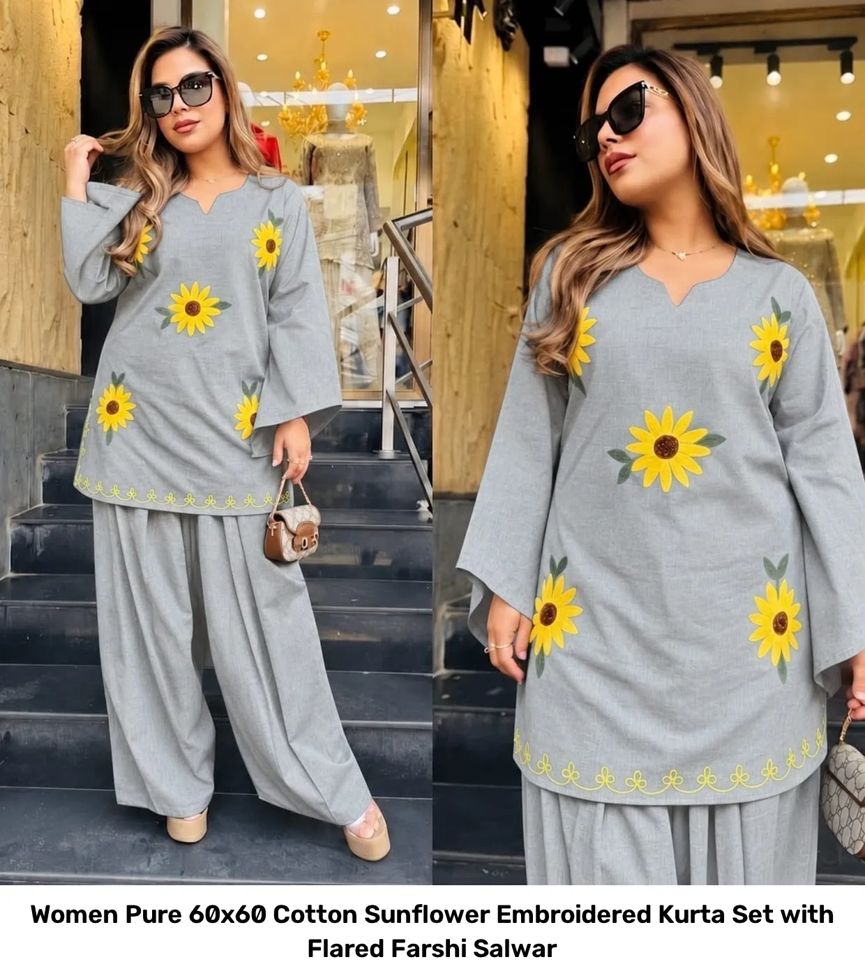 Women Pure 60x60 Cotton Sunflower Embroidered Kurta Set with Flared Farshi Salwar 12