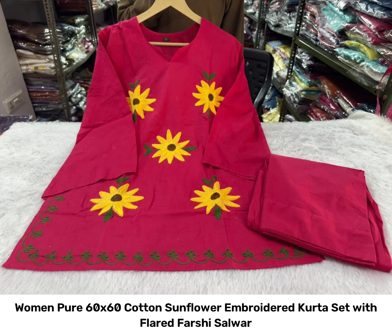 Women Pure 60x60 Cotton Sunflower Embroidered Kurta Set with Flared Farshi Salwar 13