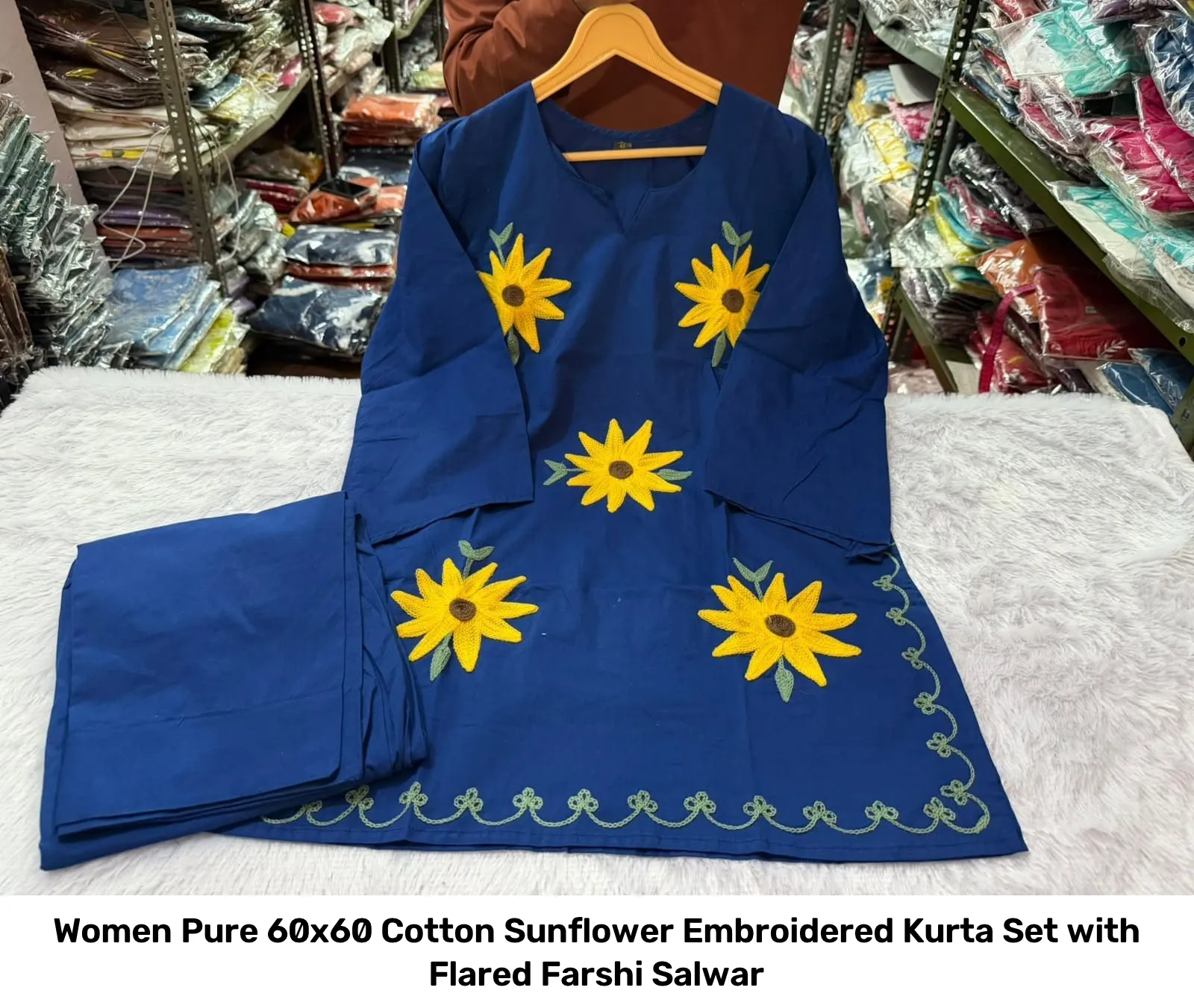 Women Pure 60x60 Cotton Sunflower Embroidered Kurta Set with Flared Farshi Salwar 14
