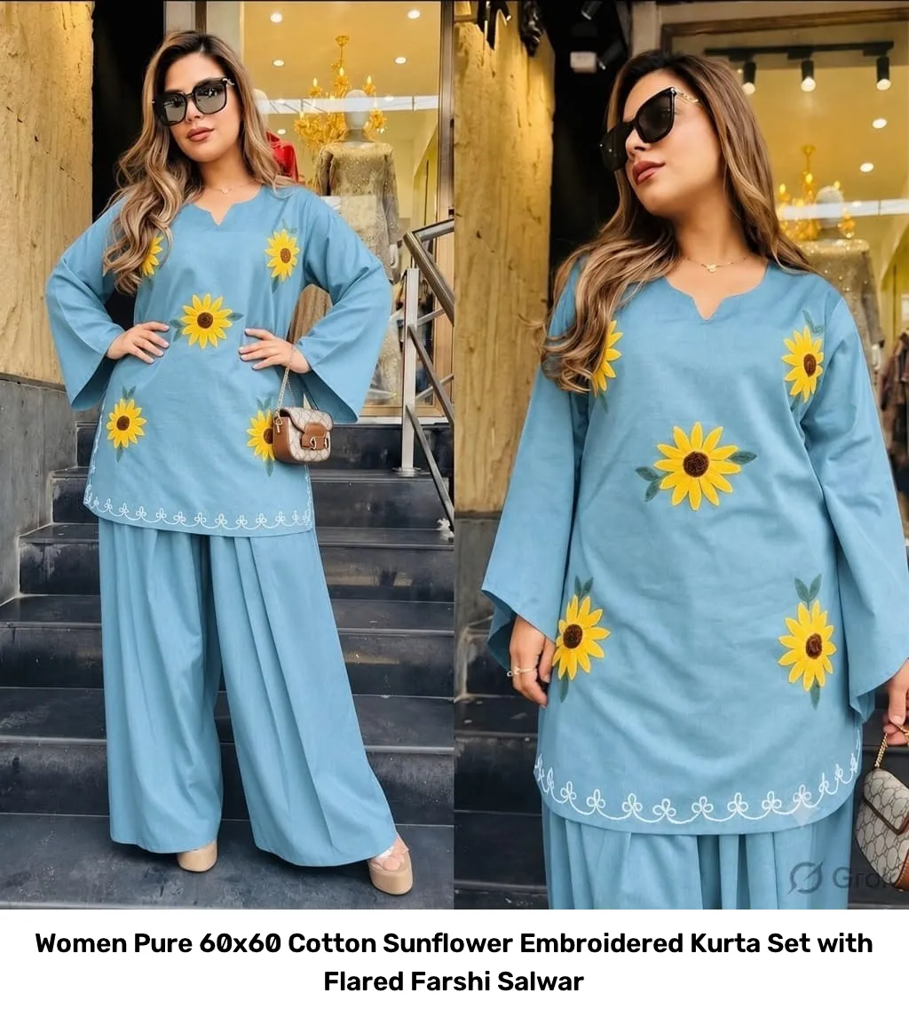 Women Pure 60x60 Cotton Sunflower Embroidered Kurta Set with Flared Farshi Salwar 15