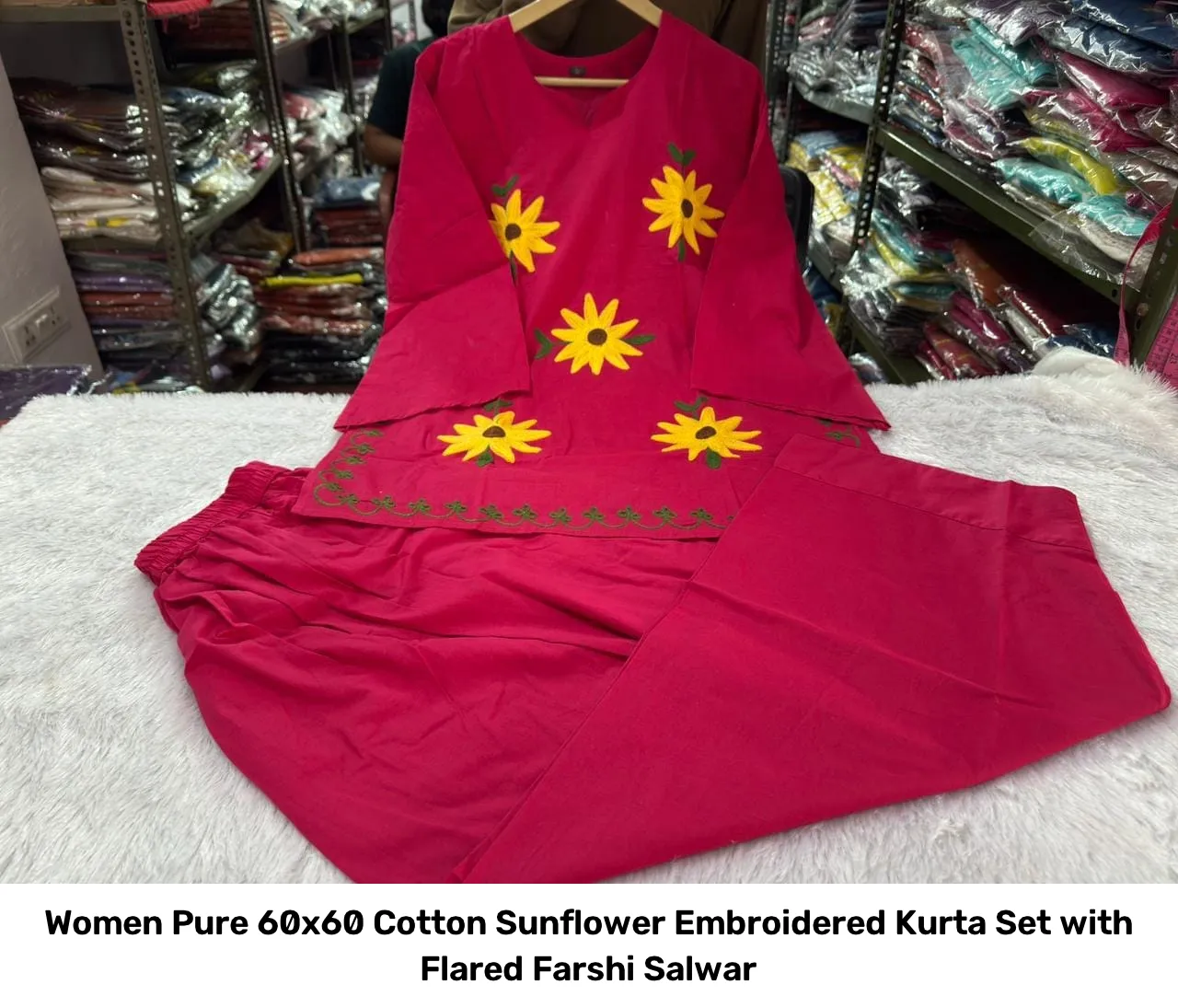 Women Pure 60x60 Cotton Sunflower Embroidered Kurta Set with Flared Farshi Salwar 2