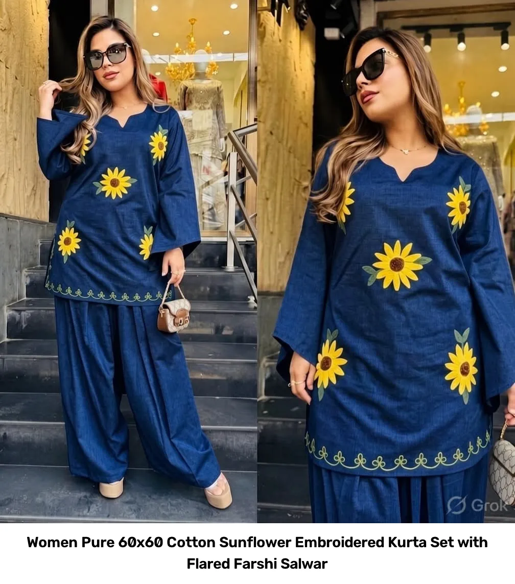 Women Pure 60x60 Cotton Sunflower Embroidered Kurta Set with Flared Farshi Salwar 3