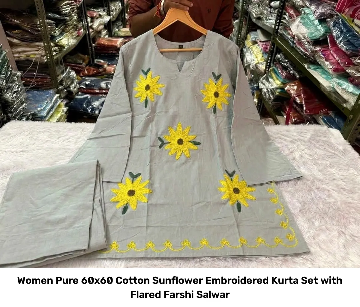 Women Pure 60x60 Cotton Sunflower Embroidered Kurta Set with Flared Farshi Salwar 4