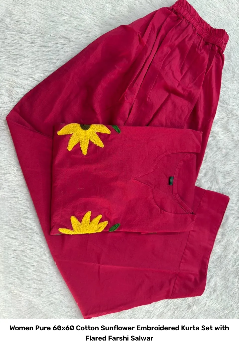 Women Pure 60x60 Cotton Sunflower Embroidered Kurta Set with Flared Farshi Salwar 5