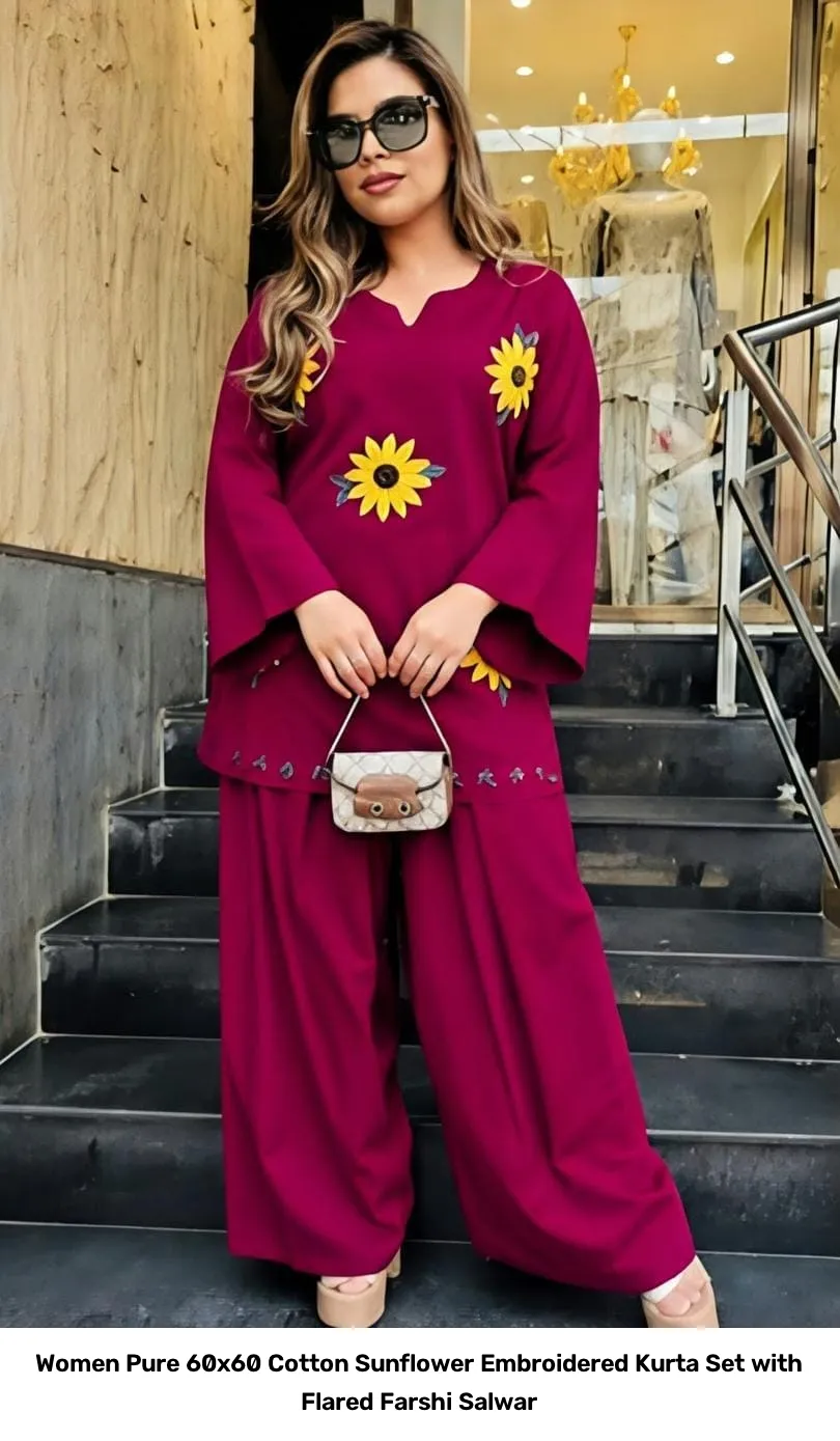 Women Pure 60x60 Cotton Sunflower Embroidered Kurta Set with Flared Farshi Salwar 6