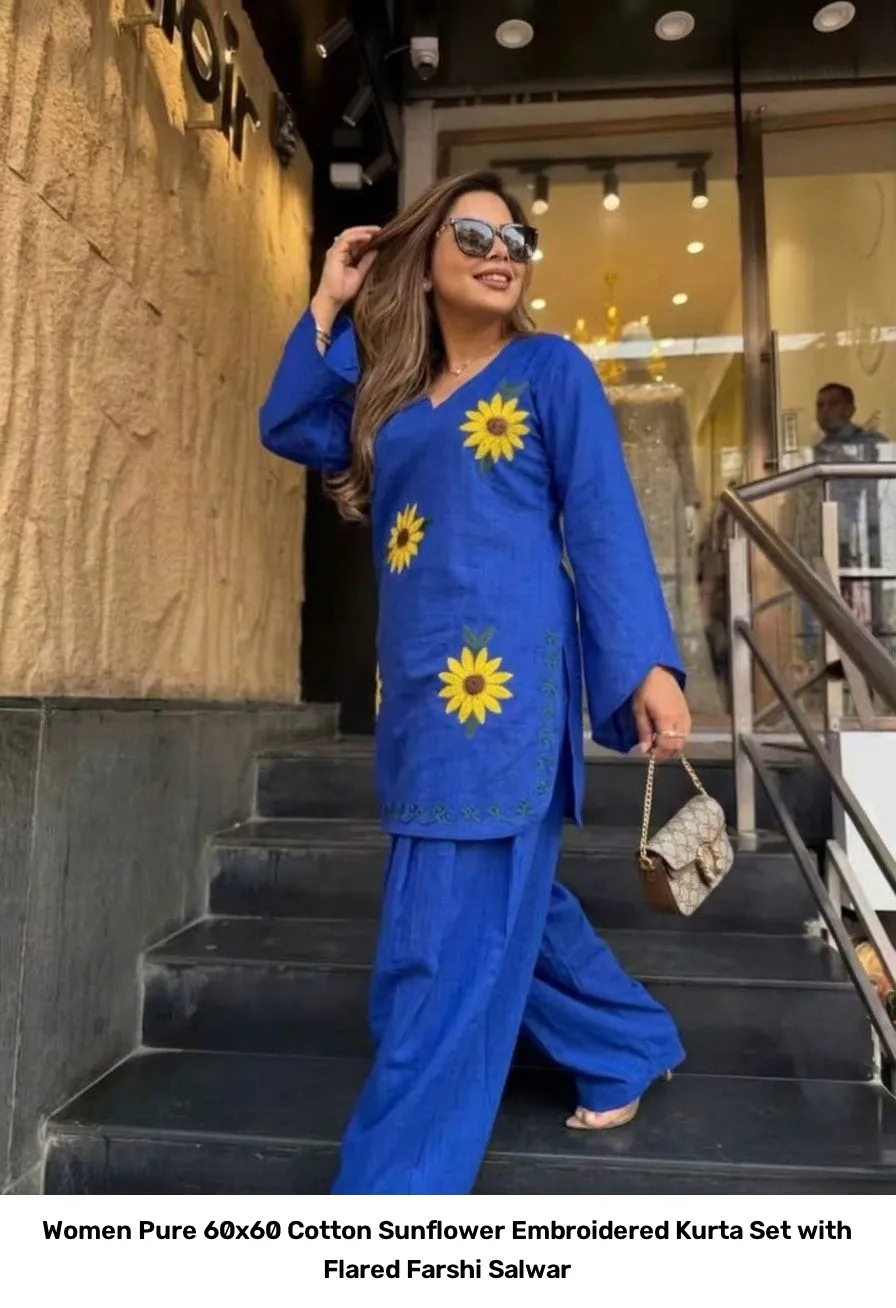 Women Pure 60x60 Cotton Sunflower Embroidered Kurta Set with Flared Farshi Salwar 7