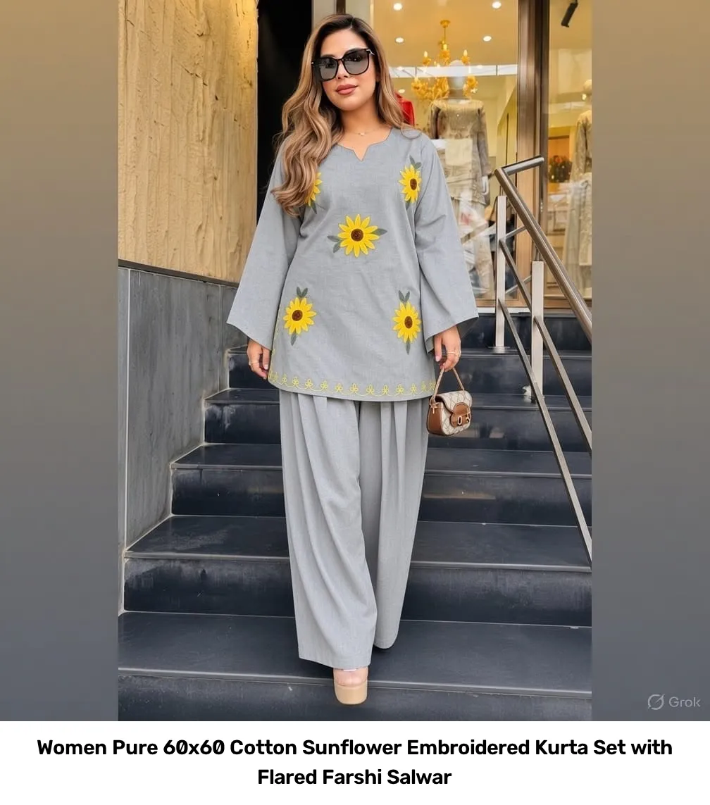 Women Pure 60x60 Cotton Sunflower Embroidered Kurta Set with Flared Farshi Salwar 8